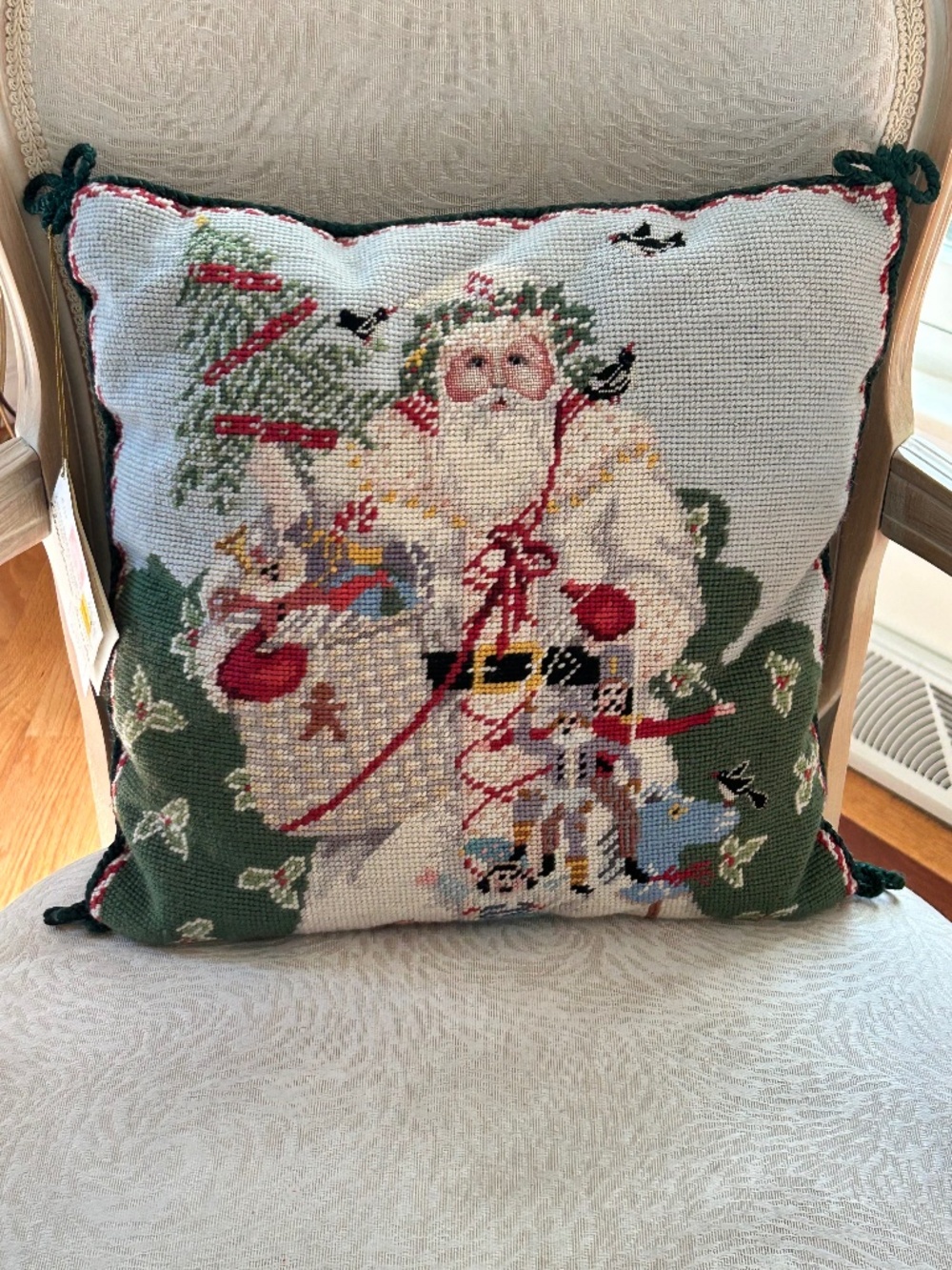 Katha Diddel NWT Pillow Needlepoint Wool Cotton 16x16” Candy Cane Santa LIMTD ED
